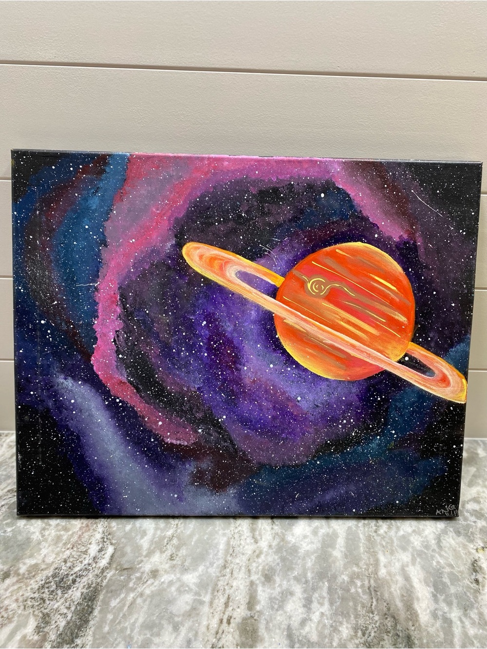 Hand Crafted Galaxy Canvas W/ Orange Planet